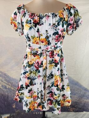 Speechless White Floral Puff-Sleeve Dress Empire Waist Roses Ruffle Small S